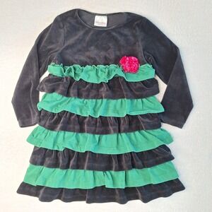 Hanna Andersson Girls‎ Velour Tiered Ruffle Dress Black Green Pink Rosette 110 5